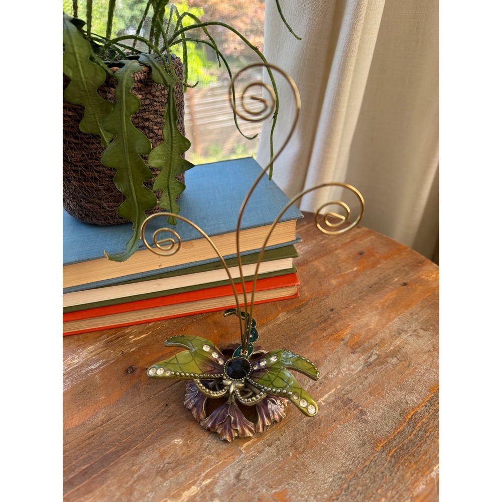 Vintage Dragonfly Flower Photo Holder Enameledโ Crystal Card Stand Green Purple